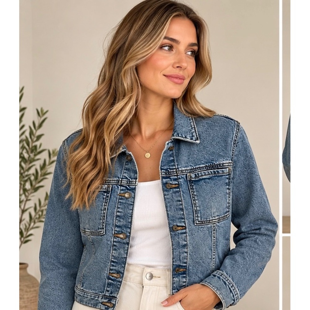 Hudson Jeans Risque Fashion Jacket Medium Wash Cropped Denim Trucker Pockets NEW